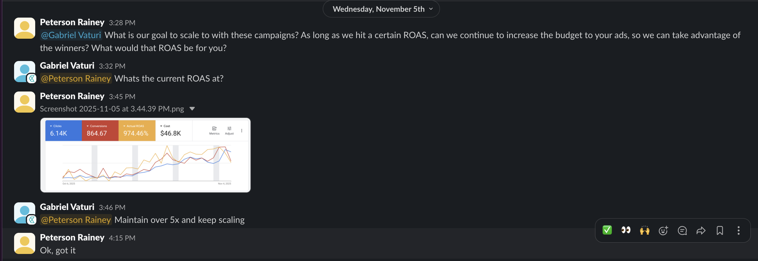 Google Ads account metrics, October 6 to November 4, 2025: $46.8K spend, 864 conversions, 974.46% ROAS