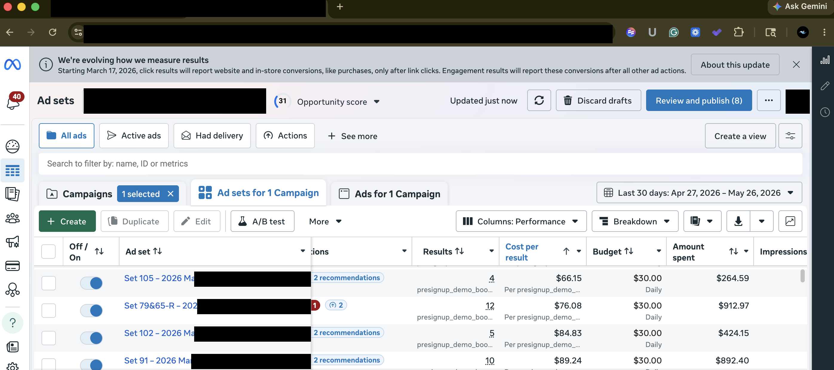 Spring 2026 ad sets booking demos at $59.63 to $89.24 each (account and audience details redacted)