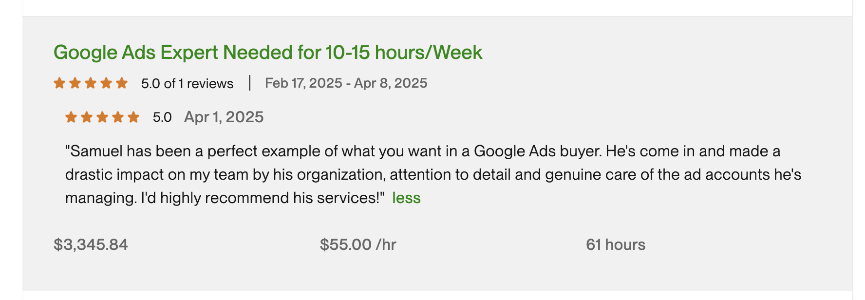 5-star review for Google Ads expert services
