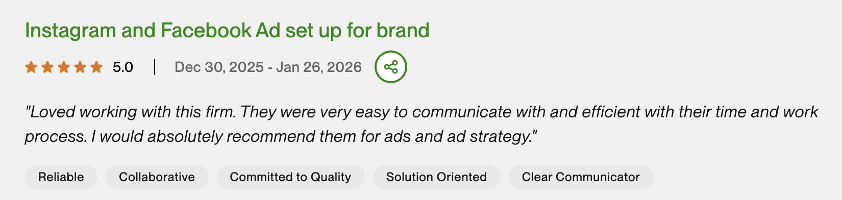 5-star Upwork review for Instagram and Facebook Ad setup