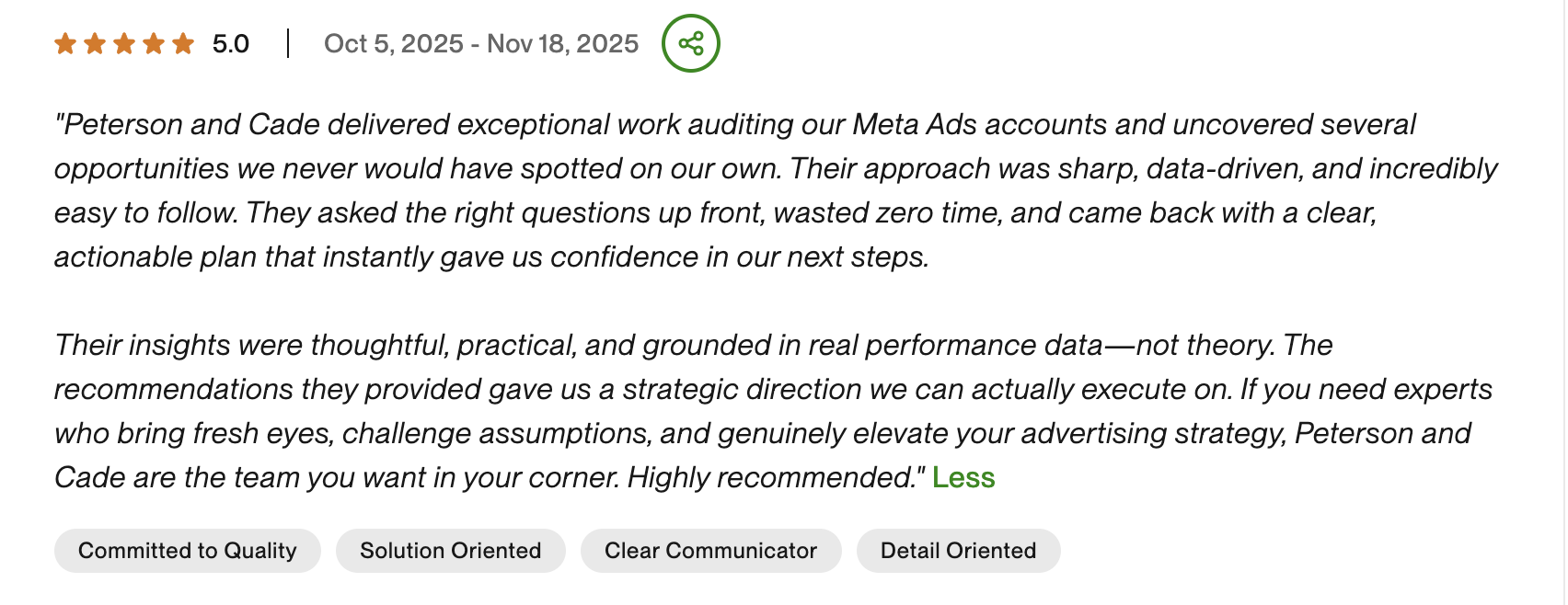 5-star Upwork review for Meta Ads audit with Peterson and Cade