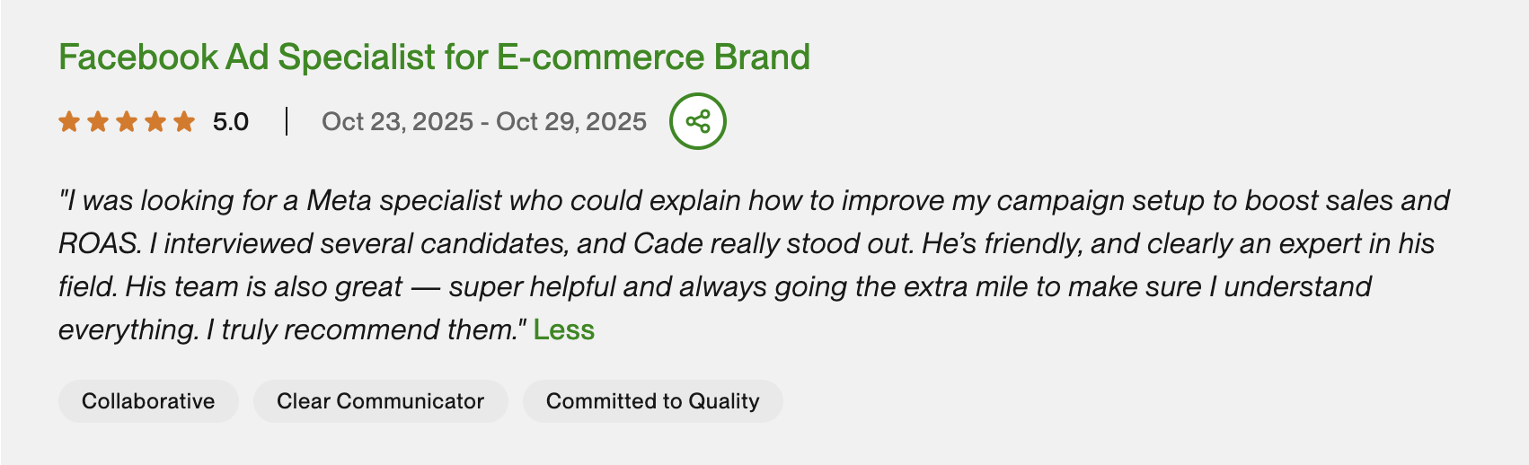 5-star Upwork review for Facebook Ad Specialist for E-commerce